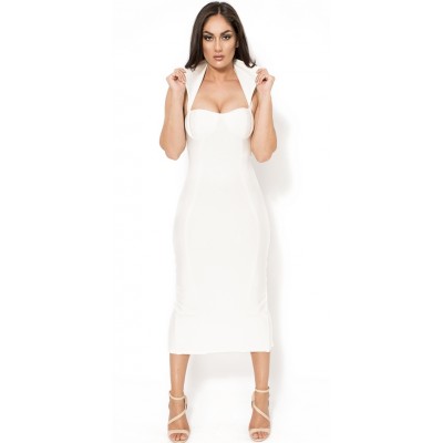 Vamp' white midi bandage dress with high collar